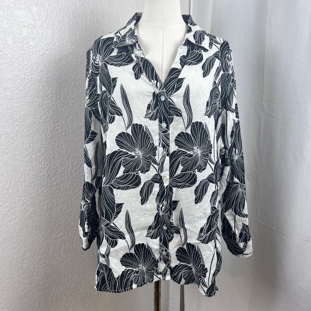 Tahari 100% Linen Top Womens 1X Black White Floral Button Up Coastal Resort Boho